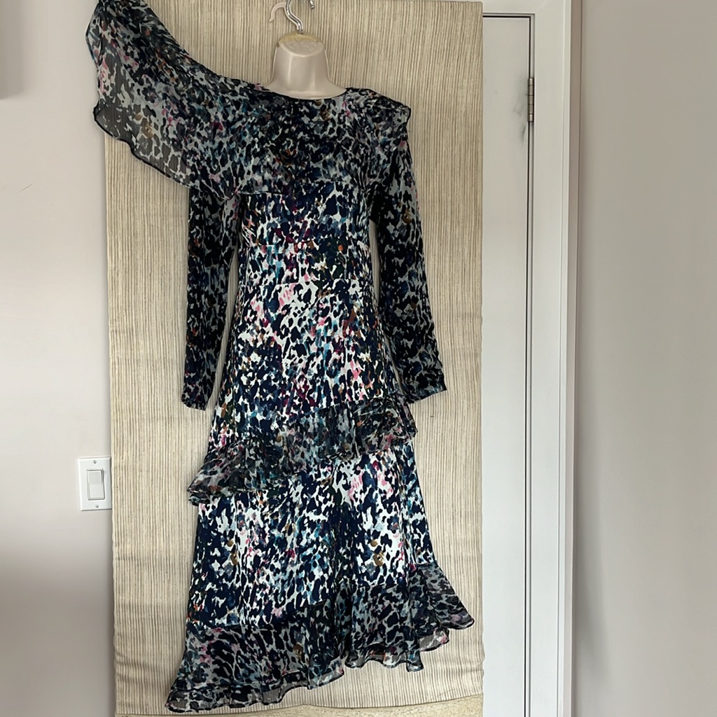 Miri 2.0 Long Sleeve Blue Print Ruffle Midi Asymmetrical Hem Dress Size:L